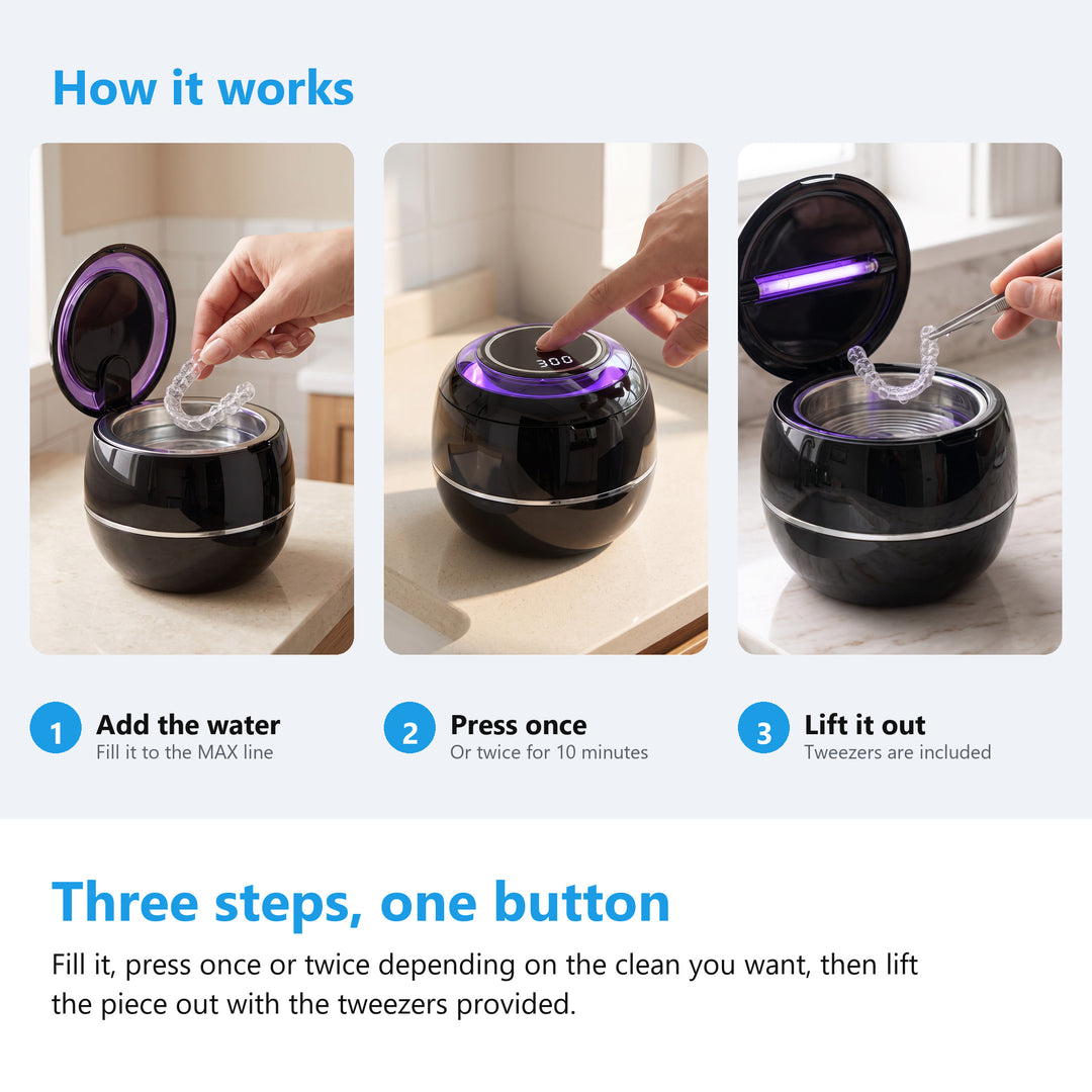 How to use the ultrasonic retainer cleaner, add water, press once or twice, lift it out with the tweezers
