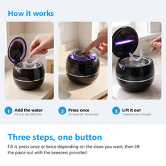 How to use the ultrasonic retainer cleaner, add water, press once or twice, lift it out with the tweezers