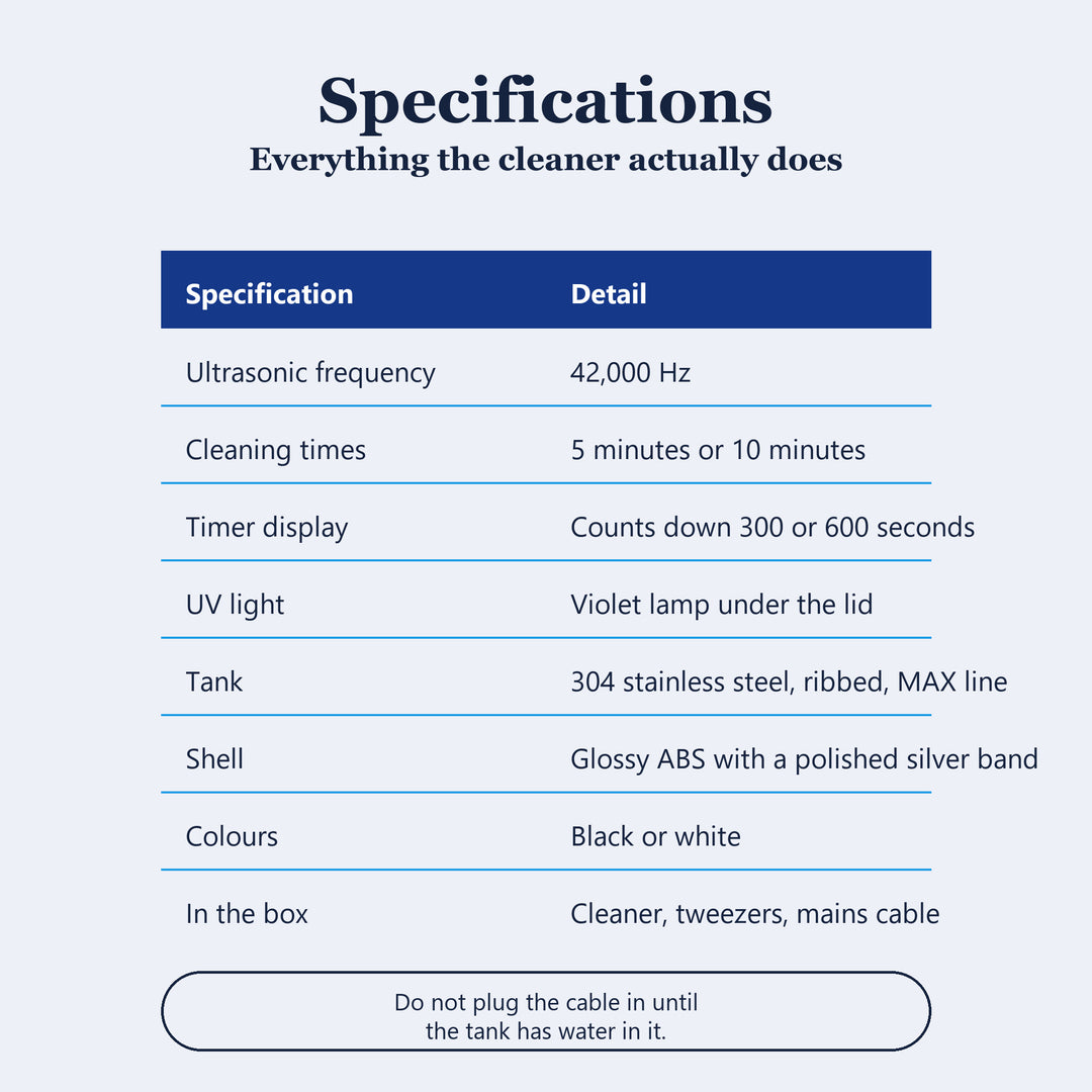 Ultrasonic retainer cleaner specifications, 42,000 Hz, UV light, 304 stainless steel tank and a dual speed timer