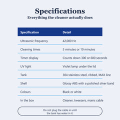 Ultrasonic retainer cleaner specifications, 42,000 Hz, UV light, 304 stainless steel tank and a dual speed timer