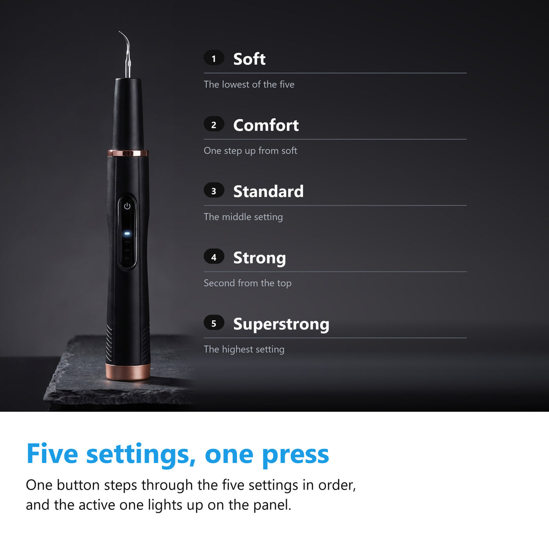 The five settings of the ultrasonic tooth cleaner, soft, comfort, standard, strong and superstrong
