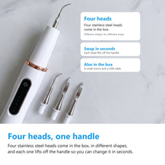 Four stainless steel cleaning heads beside the ultrasonic tooth cleaner handle