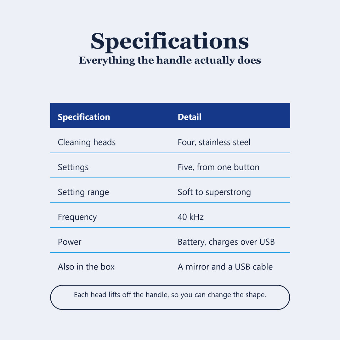 Specification table for the ultrasonic tooth cleaner, four steel heads, five settings, 40 kHz