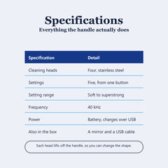 Specification table for the ultrasonic tooth cleaner, four steel heads, five settings, 40 kHz
