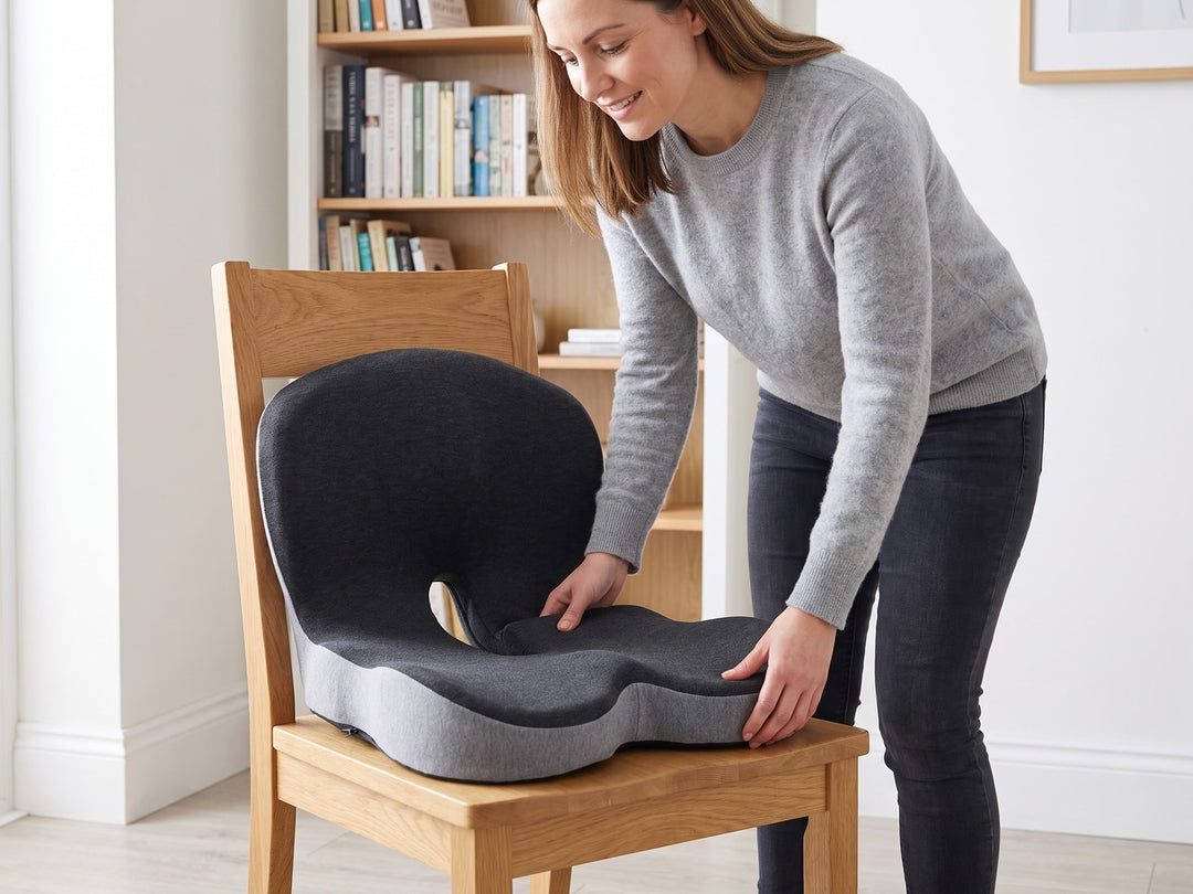 Memory foam seat cushion with back support being placed on a wooden chair