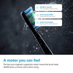 Macro of the sonic toothbrush bristle head vibrating with water droplets, showing the magnetic suspension motor power
