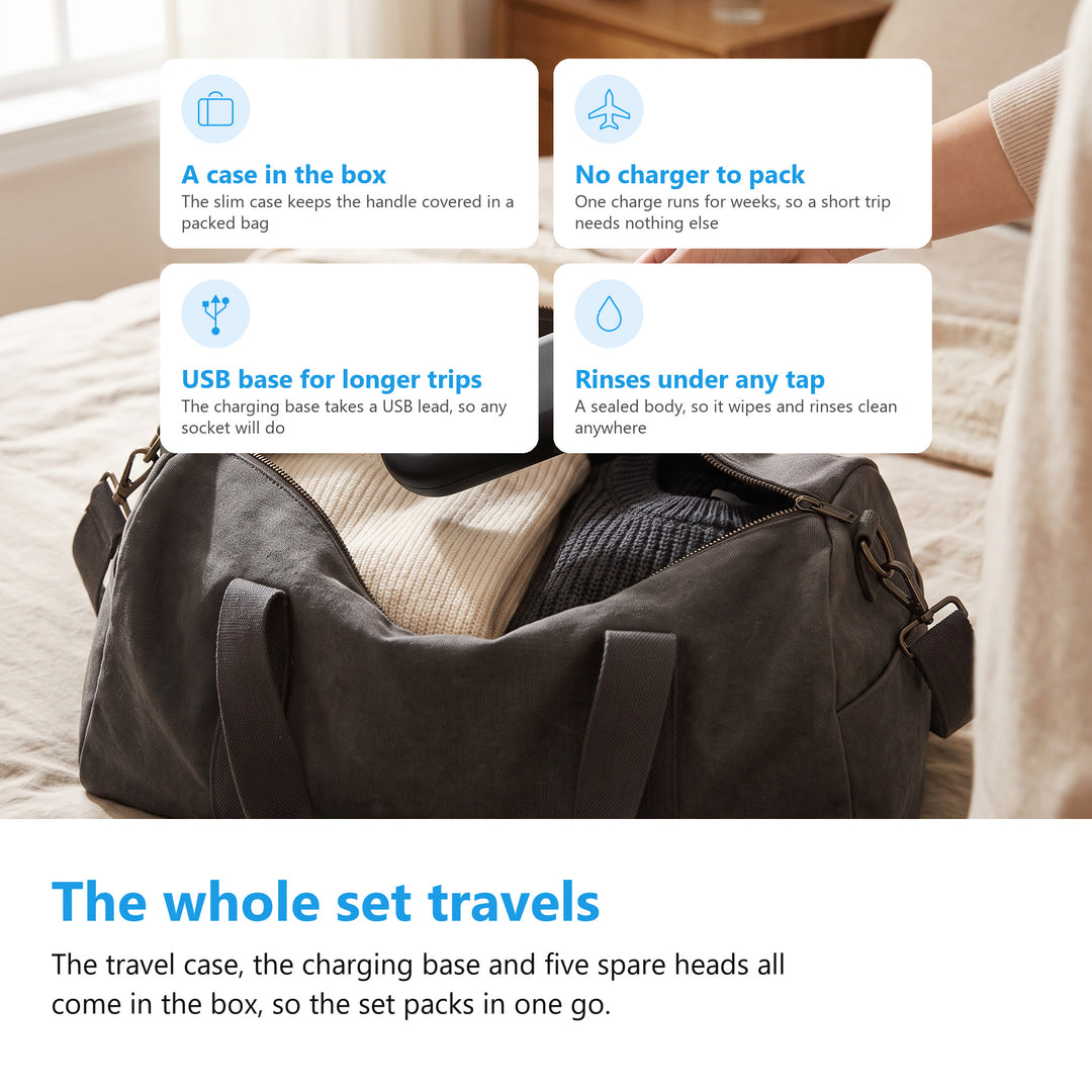 Electric toothbrush travel case being packed into a weekend bag, with four points about travelling with it