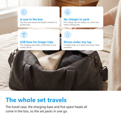Electric toothbrush travel case being packed into a weekend bag, with four points about travelling with it