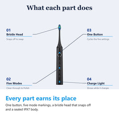 Black electric toothbrush handle labelled with its bristle head, single button, five mode markings and charge light