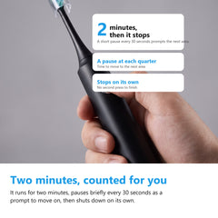 Electric toothbrush held in one hand with a thumb on the button, showing the two minute timer