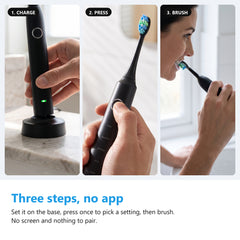 Three steps to use the electric toothbrush, charge it on the base, press the button, then brush