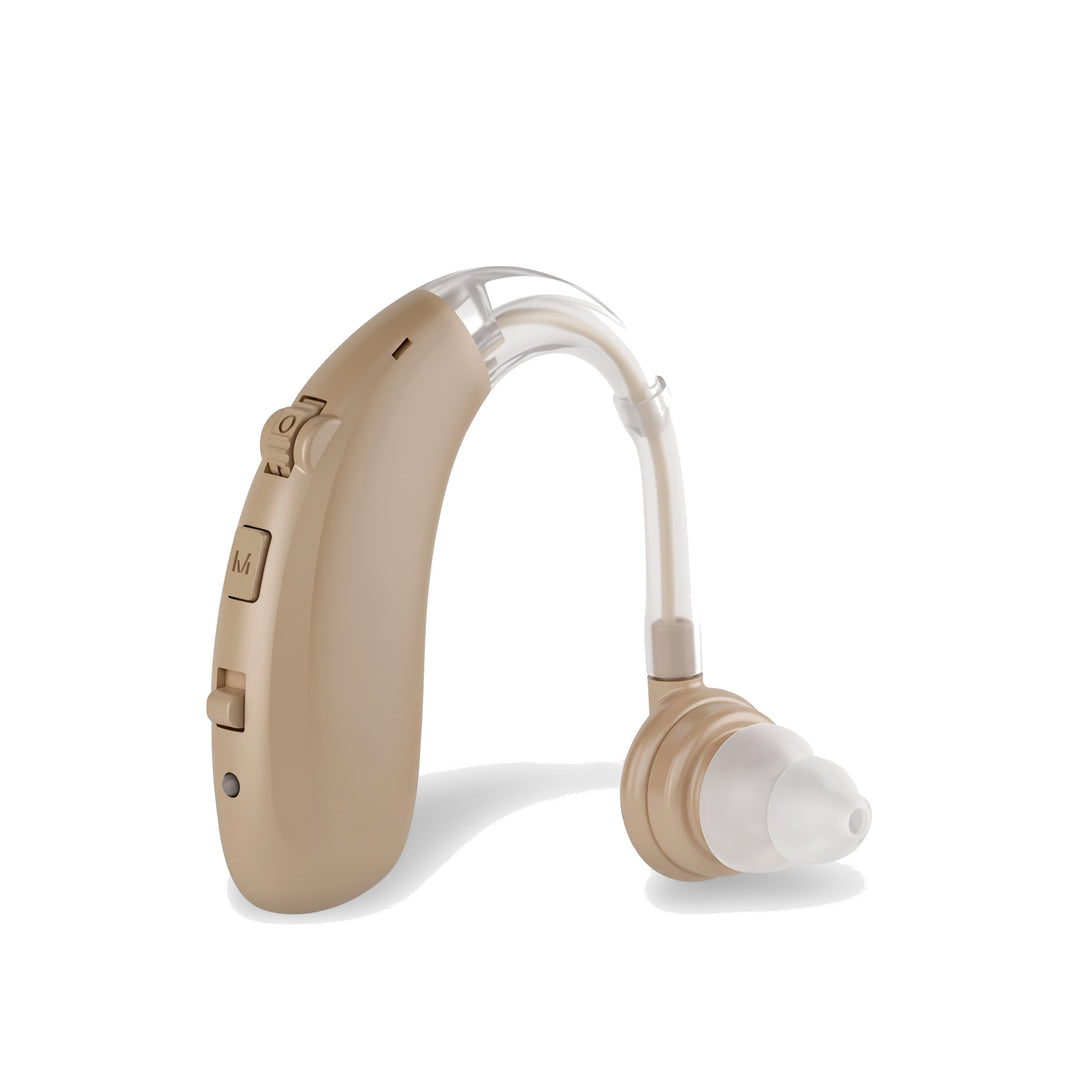 Rechargeable behind the ear sound amplifier in beige on a white background