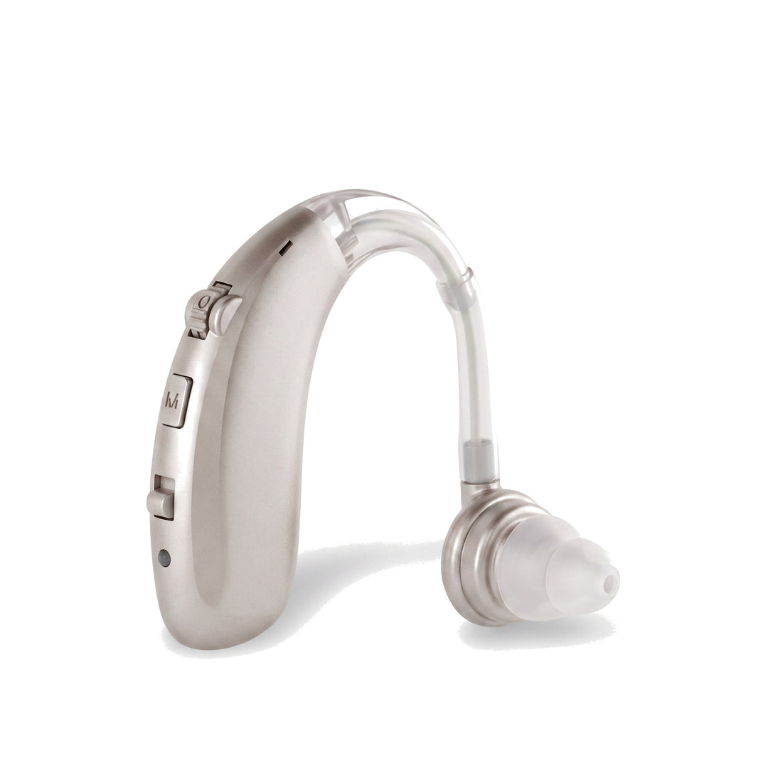 Rechargeable behind the ear sound amplifier in silver on a white background