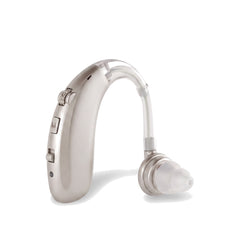 Rechargeable behind the ear sound amplifier in silver on a white background