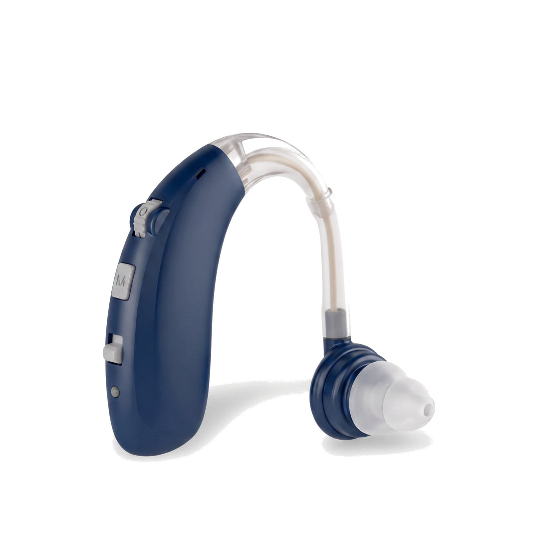 Rechargeable behind the ear sound amplifier in blue on a white background