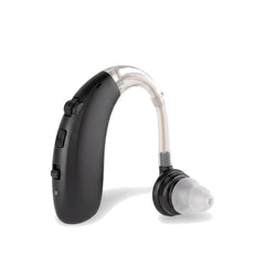 Rechargeable behind the ear sound amplifier in black on a white background