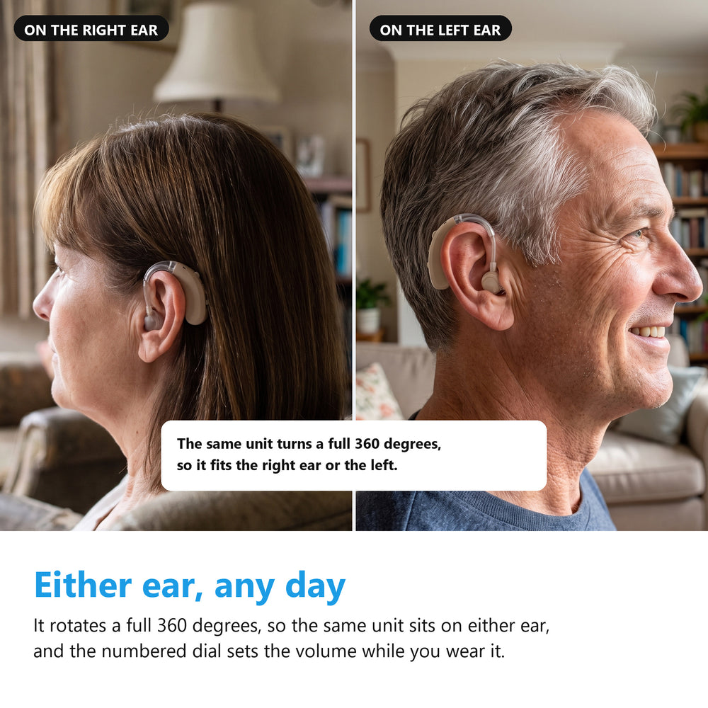Two people at home, one wearing the behind the ear sound amplifier on the right ear and one on the left