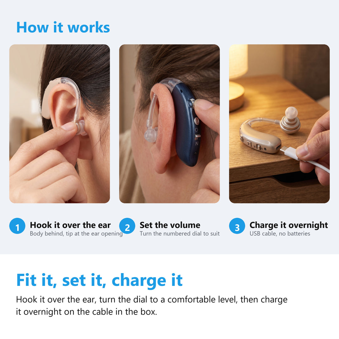 How to hook the sound amplifier over the ear, set the volume dial and charge it