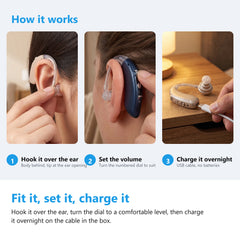 How to hook the sound amplifier over the ear, set the volume dial and charge it