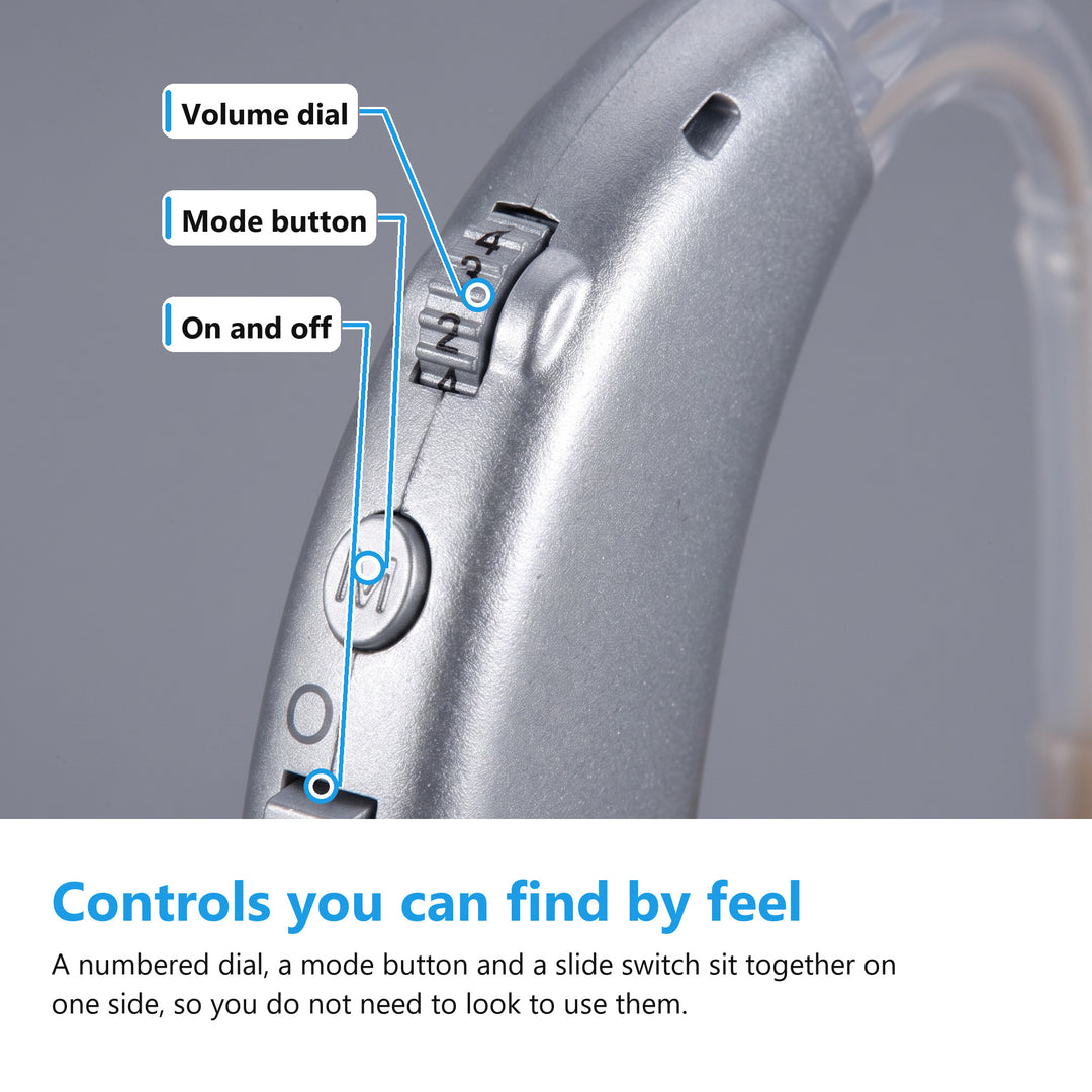 Sound amplifier volume dial, mode button and on and off switch close up