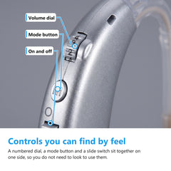 Sound amplifier volume dial, mode button and on and off switch close up