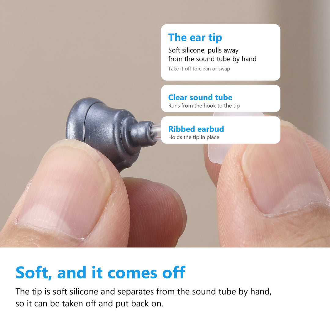 Soft silicone ear tip pulling away from the sound amplifier sound tube by hand