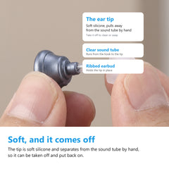 Soft silicone ear tip pulling away from the sound amplifier sound tube by hand