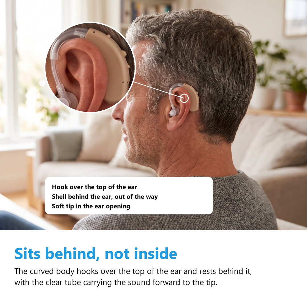Close up of the behind the ear sound amplifier worn at home, hook over the top of the ear and shell behind it