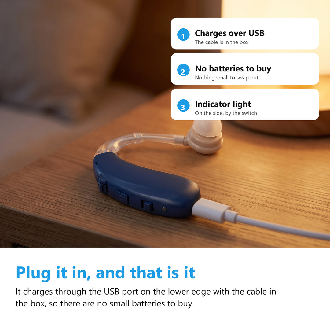 Sound amplifier charging over USB with the cable included in the box