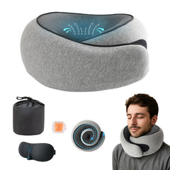 Memory foam travel neck pillow with its storage bag, eye mask and earplugs