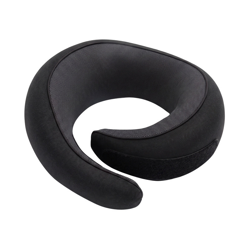 Memory foam travel neck pillow in black, coiled, with black mesh lining
