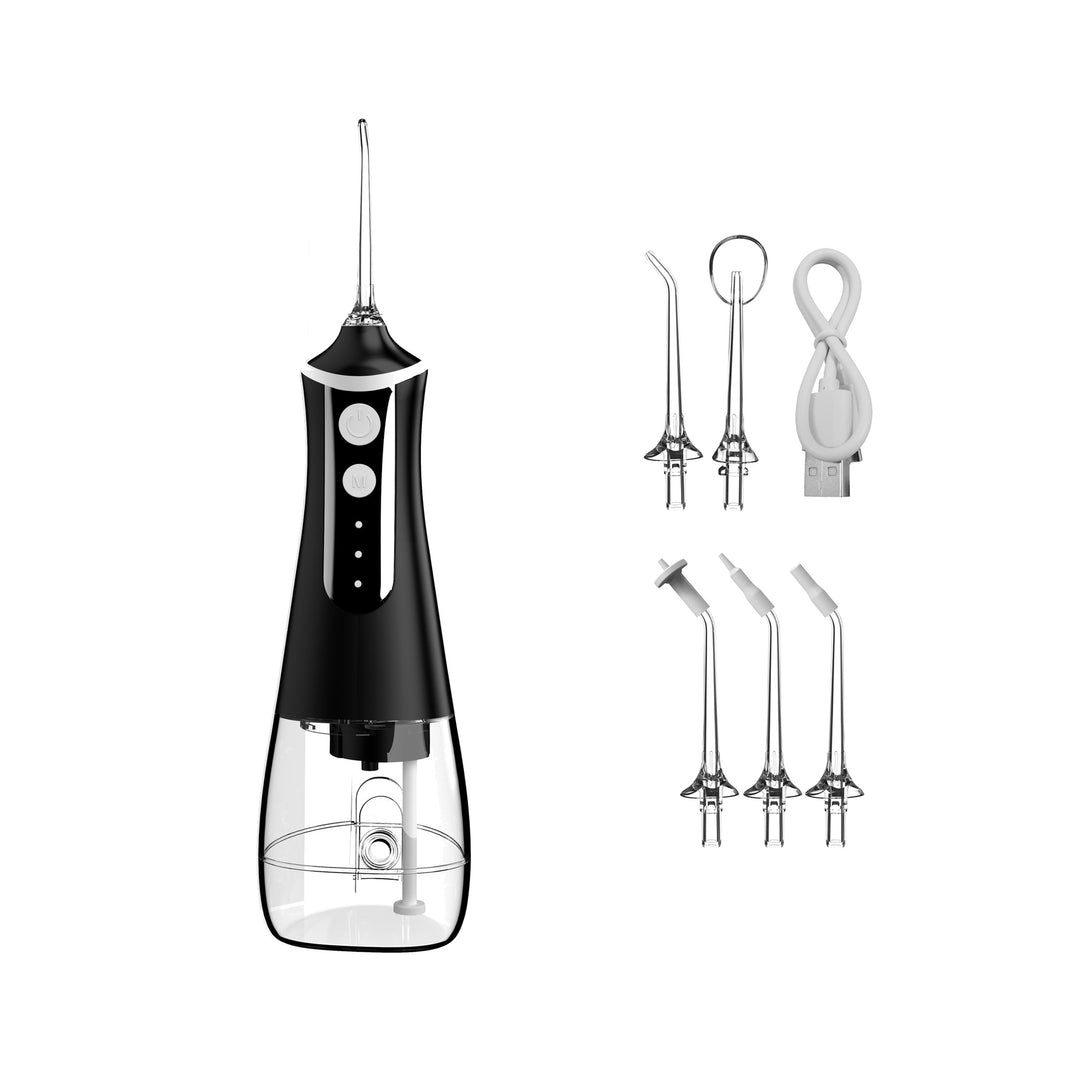 Black cordless water flosser with a 300ml tank, five nozzle tips and a USB-C cable on white