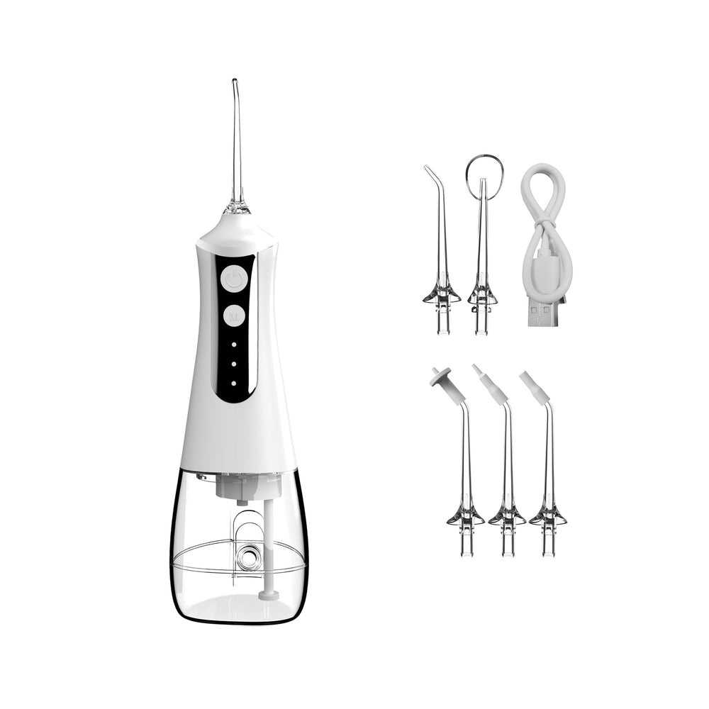 White cordless water flosser with a 300ml tank, five nozzle tips and a USB-C cable on white