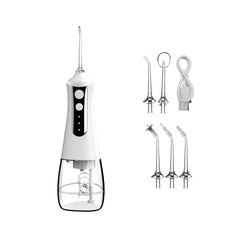 White cordless water flosser with a 300ml tank, five nozzle tips and a USB-C cable on white
