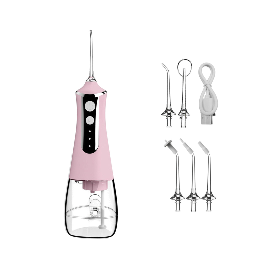 Powder pink cordless water flosser with a 300ml tank, five nozzle tips and a USB-C cable on white