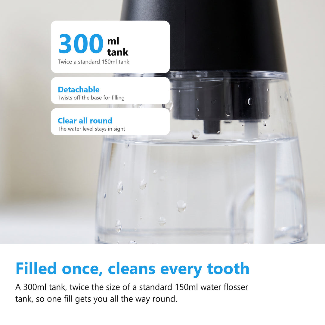 Close up of the 300ml clear detachable tank on a cordless water flosser