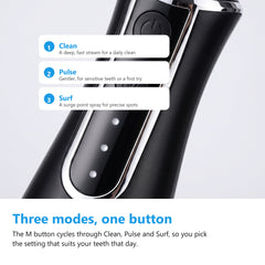 Cordless water flosser control panel showing the power button, the M mode button and three indicator lights