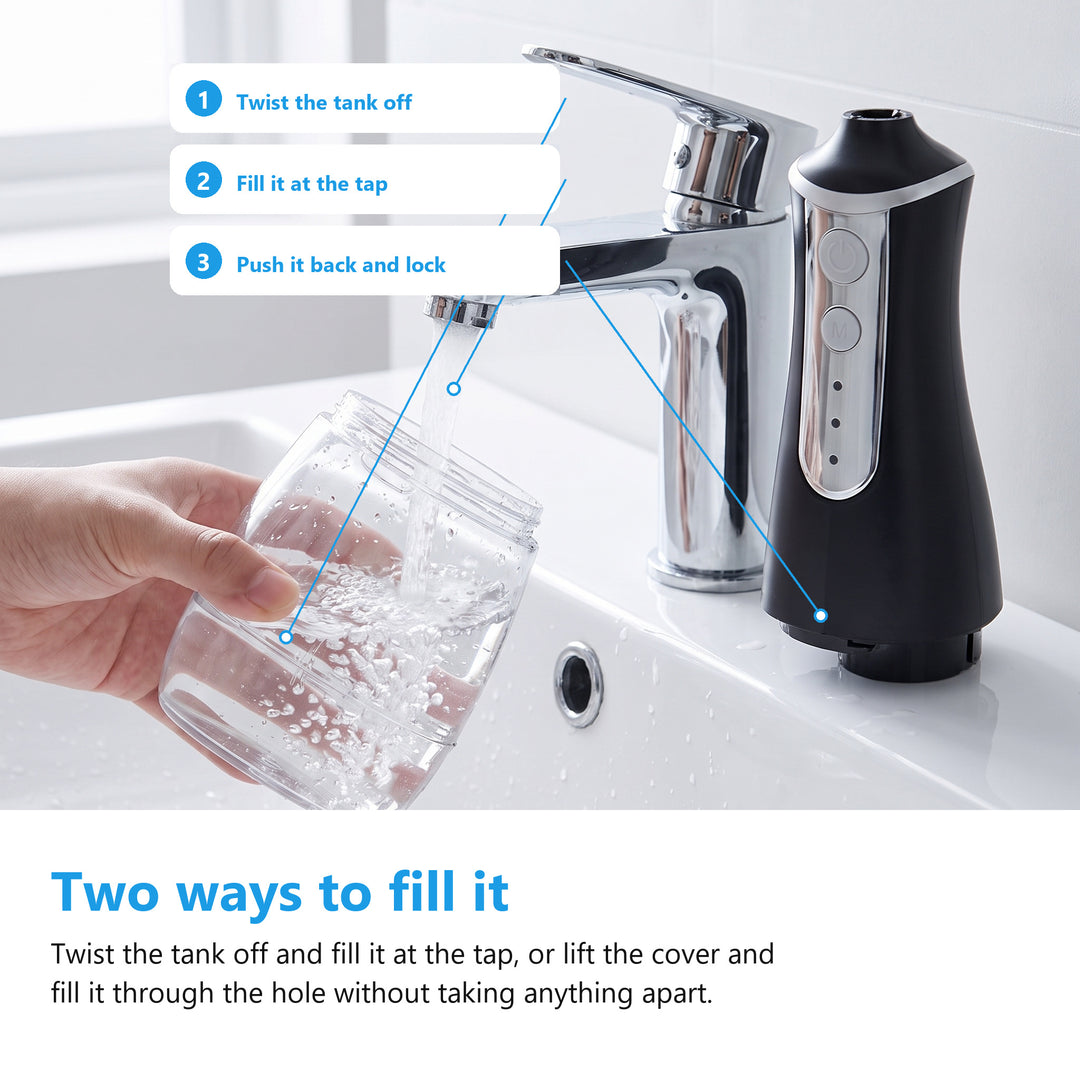 Filling the detached 300ml water flosser tank at a bathroom tap