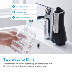 Filling the detached 300ml water flosser tank at a bathroom tap