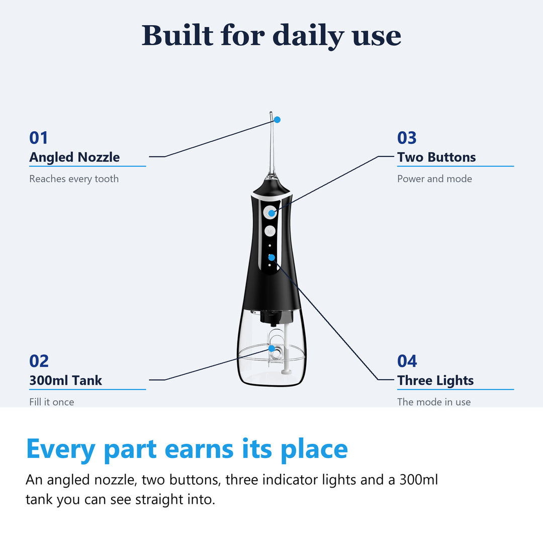 Cordless water flosser parts, angled nozzle, 300ml tank, two buttons and three indicator lights