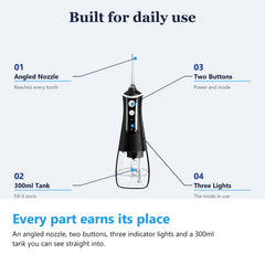 Cordless water flosser parts, angled nozzle, 300ml tank, two buttons and three indicator lights
