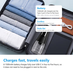 Cordless water flosser and its USB-C charging cable packed in a suitcase