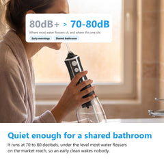 Woman using the cordless water flosser at a bathroom basin in morning light