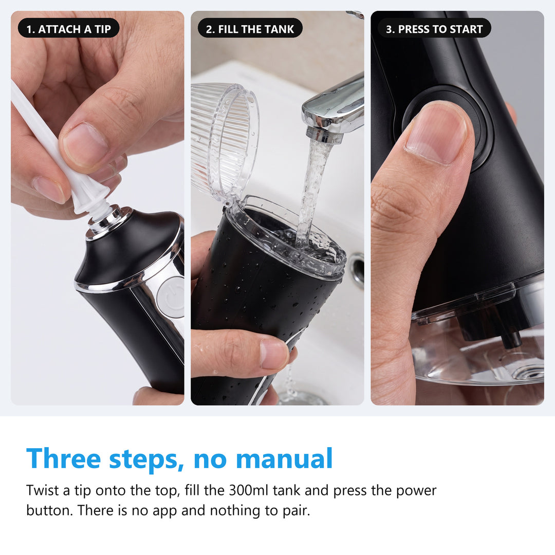 How to use the cordless water flosser, attach a tip, fill the tank and press to start