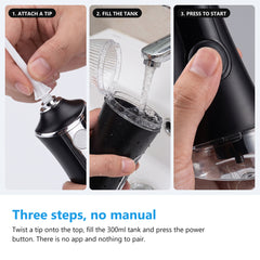 How to use the cordless water flosser, attach a tip, fill the tank and press to start