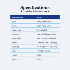 Cordless water flosser specifications, 300ml tank, three modes, five tips and IPX7