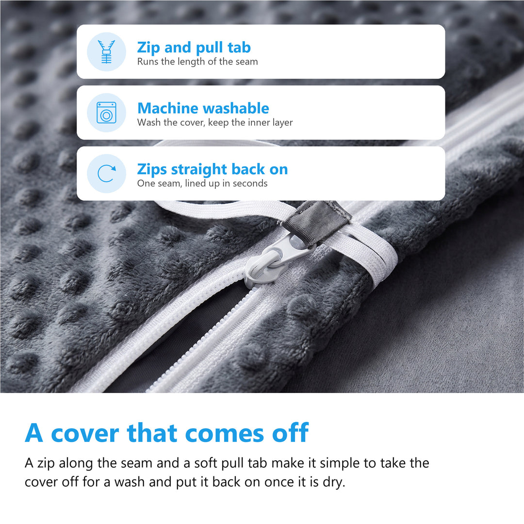 Close up of the zip and soft pull tab that unzips the weighted blanket cover for washing