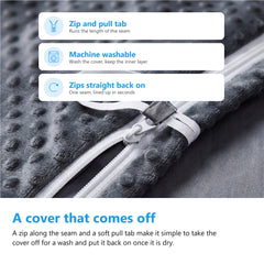 Close up of the zip and soft pull tab that unzips the weighted blanket cover for washing