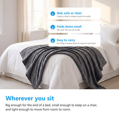 Weighted blanket draped across the end of a bed in a bright bedroom