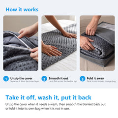 How to unzip the cover, smooth the weighted blanket out and fold it into its storage bag